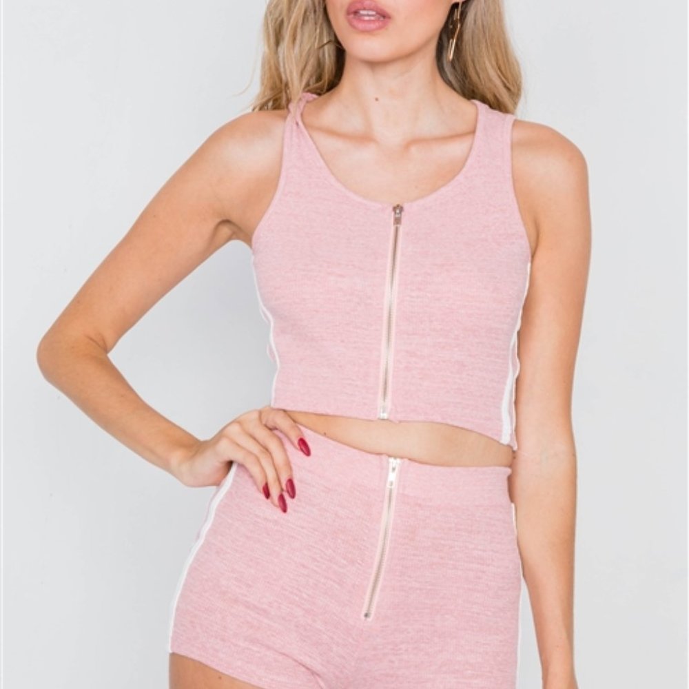 Pink and White Athletic Crop Top and Mini Shorts